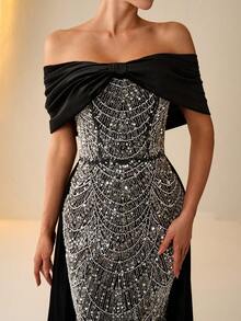 Women's Luxury Evening Dress, Elegant Off Shoulder Velvet Gown With Beaded Embellishment, Trailing Hem, Suitable For Formal Parties And Galas, Autumn/Winter - màu đen - Xem 3
