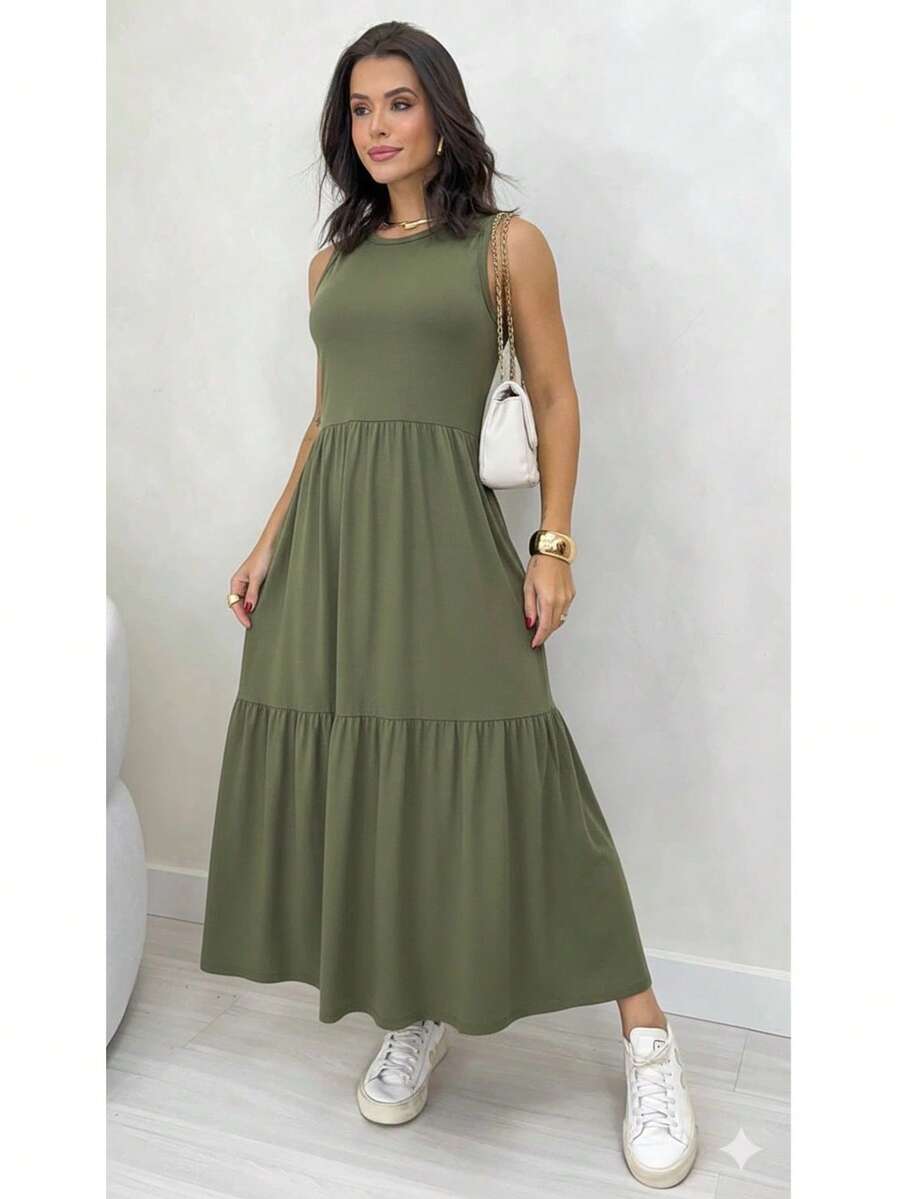 Midi Dress With Three Tiers, Tank Top Style, 100% Cotton Viscose/Lycra Knit, Comfortable And Comfy, For Modest Fashion. - 軍綠色 - 查看 1