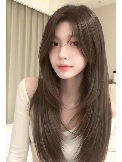 Women's U-Shaped Straight Wig - 60cm U-Shaped Clip-In Half Wig, Natural Color, Seamless & Invisible Hair Extensions, Full-Head Long Clip-In Hair Pieces, Women's Style, Black & Brown Hair Clips, Hair Accessories, Straight Layered Wig, Sweet Lolita Style, With Bangs, Elegant Women's Synthetic Wig, Suitable For Daily Wear & Parties, Shiny & Charming