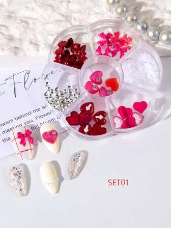 1Box Nail Parts Heart Pearl Nail Parts Ribbon Red Pink Christmas Nails Decorative Parts