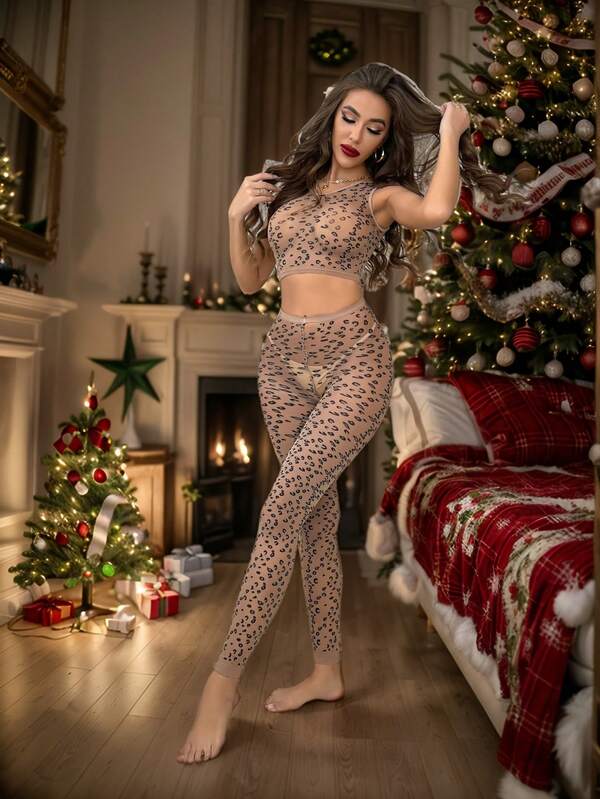 Ensemble deux pièces en maille transparente imprimé léopard - Crop top sans manches sexy et collants taille haute sexy, pour Noël, Nouvel An, la Saint-Valentin, les sorties en boîte de nuit, les fêtes