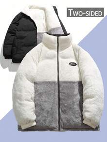 Men's Long Sleeve Winter Warm Reversible Thick Fluffy Lining Casual Loose Stand Collar Patchwork Sherpa Fleece Coat, Fall