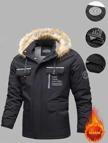 1pc Men's Boyfriend Style Lightweight Outdoor Hiking Camping Running Cycling Windproof Waterproof Insulated Hooded Parka Jacket, Autumn/Winter - Black - View 3