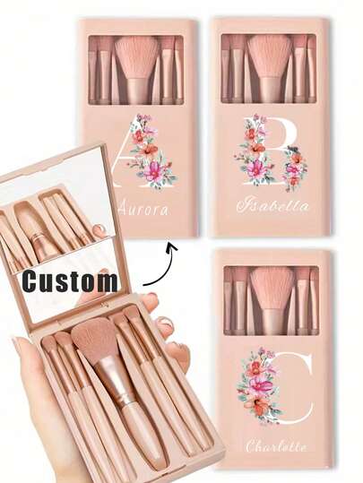 Customized Soft & Fluffy Makeup Brush Set With Mirror, Personalized Professional Makeup Brush Set, Makeup Tools, Soft Bristles, Portable, Includes Foundation Brush And Eyeshadow Brush, Christmas Gift, 26 Letter Design, Customizable With Your Initial