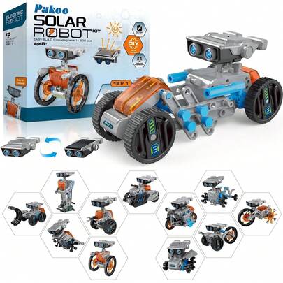 STEM Solar Robot Toy 12-In-1 Educational Science Kit DIY Building Toy Construction Engineering Set For Kids Age 8-12 Boys & Girls Birthday, Solar Powered Toy-Grey