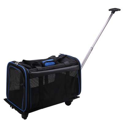 Transportín con ruedas desmontable y plegable, apto para mascotas pequeñas, bolsa de viaje negra y azul