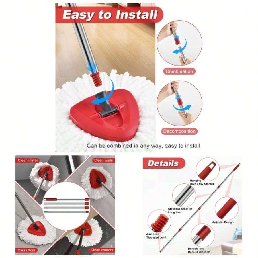 4 Section Spin Mop Handle O Cedar Mop Handle Ocedar Spin Mop Handles To Floor Clean Adjustable 30 Inch To 58 Inch Length Mop Stick Pole Handle, American Screw Joint Mop Not Included - 1套不鏽鋼拖把桿,粗螺紋 - 查看 1