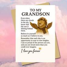 بطاقة تهنئة حفيد مؤثرة مع مغلف (11 سم * 16 سم) - "لحفيدي مع أطيب الأمنيات" تصميم، مشهد ملهم مع أسد ذو أجنحة، مثالية للعائلة والحفيد، مناسبة للتشجيع والتقدير، بطاقة تهنئة | بطاقة تشجيع الحفيد | بطاقة ترحيب ورقية - متعدد الألوان - مشاهدة 3