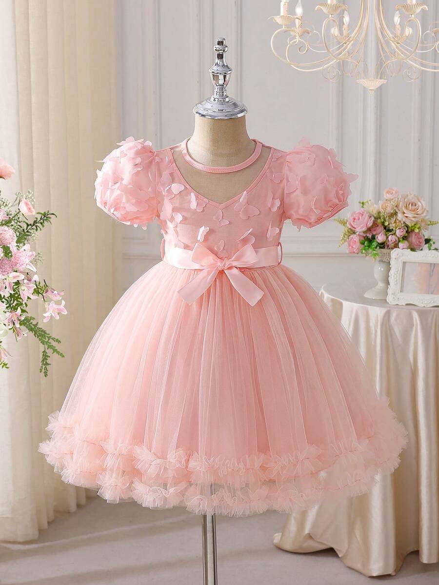 coviviky Girls' Sweet Princess Dress, Elegant Fashion 3D Butterfly Applique, Puff Sleeves And Satin Bow Waist Band Patchwork Ruffle Hem Party Wedding Flower Girl Dress - Pink - View 1