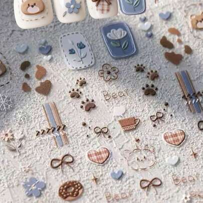 1张可爱卡通熊浮雕美甲贴纸，3D可爱泰迪熊DIY美甲贴花，带背胶，美甲用品，美甲贴纸