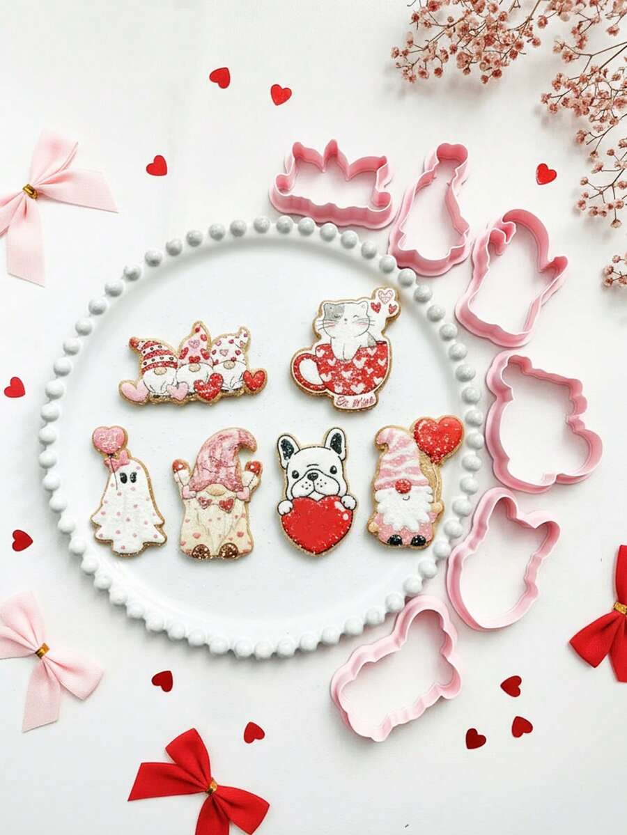 6件套爱心对话造型饼干模具套装，浪漫情人节宣言配件——翻糖饼干模具，3D压模工具，生日礼物，情人节装饰，情人节礼物，情人节装饰品 - 粉色 - 查看 1