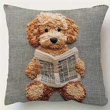 1Pc Contemporary Teddy Dog Reading Newspaper Throw Pillow Cover - 17.7*17.7 Inches, Single-Side Print, Machine Washable With Zipper, Polyester Cushion For Living Room Sofa Car (No Insert) - Multicolor - View 2