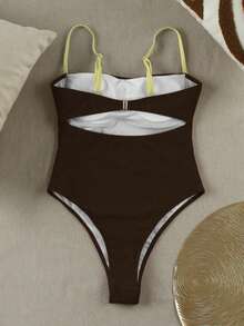 Khaki Contrast Color Hollow Out One-Piece Swimsuit, Halter Neck Design + Cutout Waist, Exudes Elegant Vibe, Creates Sexy Vacation Look - Coffee Brown - View 4