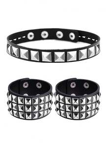 Punk Rock Faux Leather Studded Necklace Bracelet Set, Unisex Choker Wristband For Daily, Festival, Party Outfit, Gothic Choker Bracelet Set
