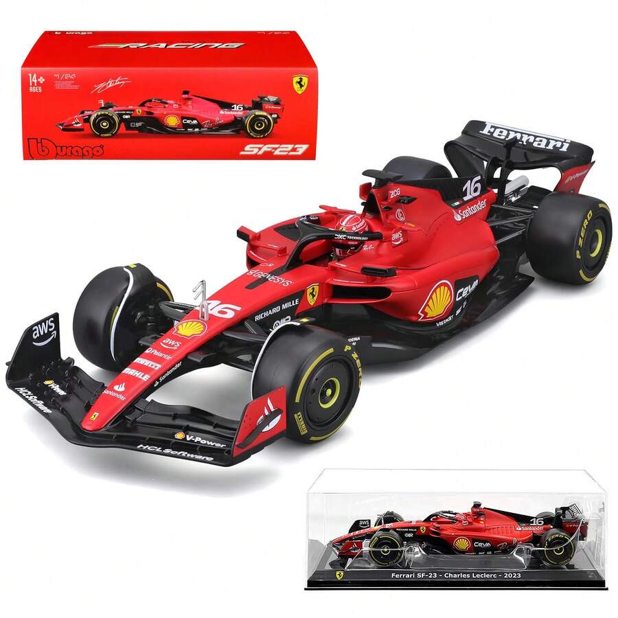 Burago 1/24  SF23 #16 Charles  Diecast Model Car - Luxury Collector's Edition, With Gift Box, Acrylic Display Case And Elegant Stand | Adult Collectible, Birthday Gift, Home Decor - 1:24 SF23-#16 - View 1