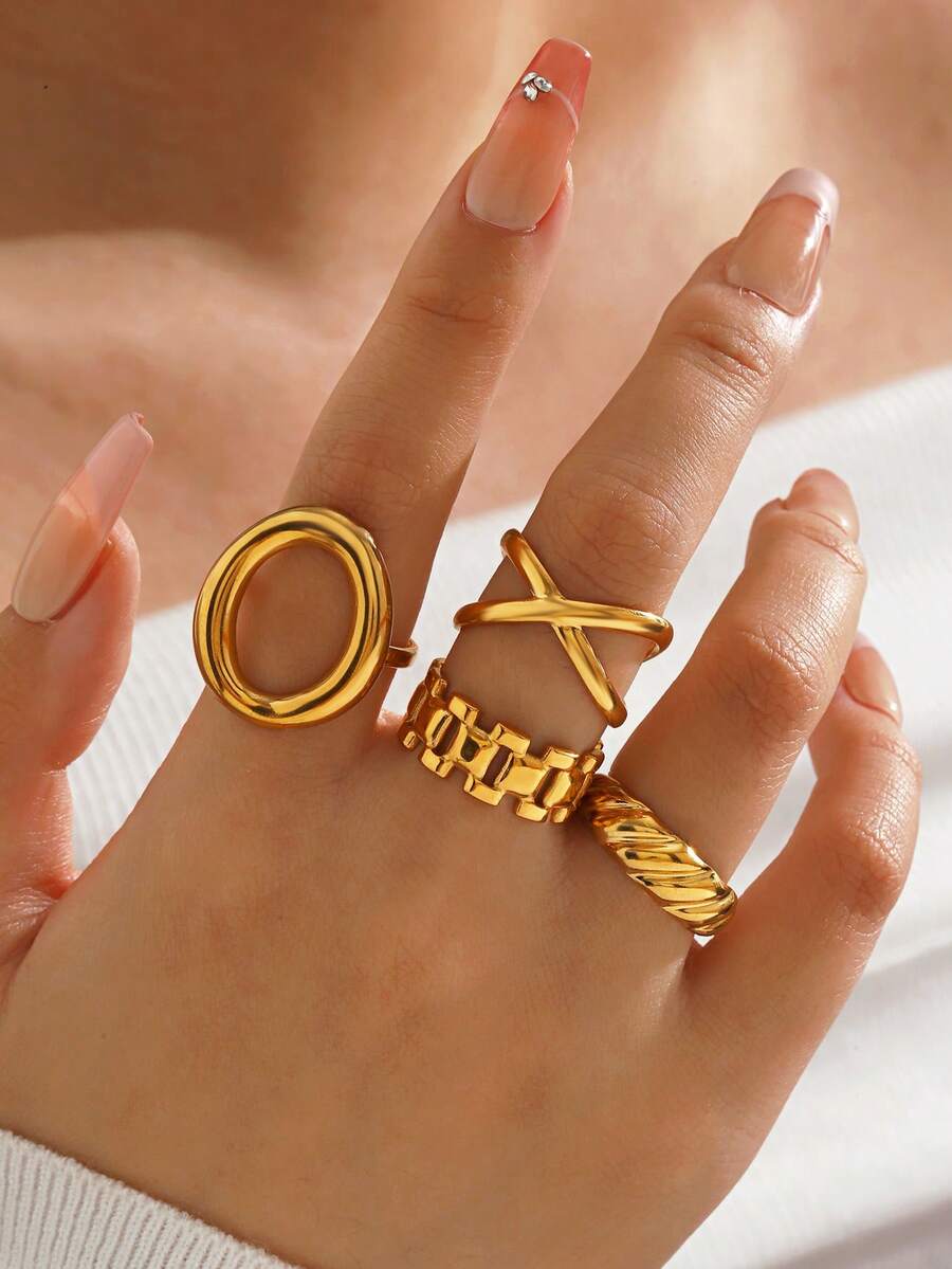 Bộ 4 chiếc nhẫn hở hình elip tối giản bằng thép không gỉ, phù hợp cho phụ nữ đeo hàng ngày và dự tiệc