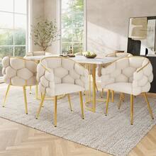 Dining Set (7 Pieces), 140 X 80 Cm Table With 6 Chairs, Modern Kitchen Set, Chairs With Gold Metal Legs, Modern Table With Marble Top And Gold Legs - Beige + Gold + White - View 12