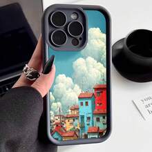 Funda para telefono con borde negro diseño de casas coloridas y nubes cielo azul ideal para uso diario y viajes - Blanco - Ver 3