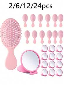 2/6/12/24 Pcs Mini Hair Brush Set, 12 Pcs Travel Wet & Dry Hair Comb, Pocket Smooth, 12 Pcs Compact Folding Makeup Mirror, Suitable For Spa, Overnight, Birthday, Bridal, Bachelorette, Christmas Party Gifts (Blue, Purple, Pink, Black) - Multicolor - View 1