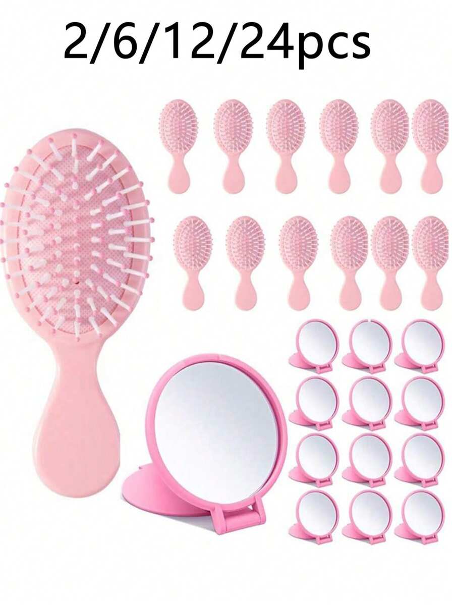 2/6/12/24 Pcs Mini Hair Brush Set, 12 Pcs Travel Wet & Dry Hair Comb, Pocket Smooth, 12 Pcs Compact Folding Makeup Mirror, Suitable For Spa, Overnight, Birthday, Bridal, Bachelorette, Christmas Party Gifts (Blue, Purple, Pink, Black) - Multicolor - View 1