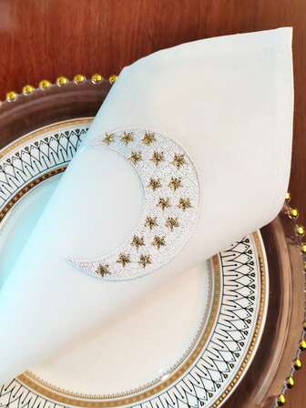 1/2/4条装，100%涤纶面料，刺绣精美图案餐巾，装饰性强，卫生，防油防污，适用于斋月、开斋节、家居装饰、派对、用餐、厨房、餐桌、客厅、卧室、室内外使用。