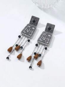 1 Pair Vintage Boho Style Zinc Alloy Pendant Earrings - Delicate Floral Design With Tassel Pendant, Suitable For Daily And Party Occasions, Valentine's Day Gift - Tassel - View 3