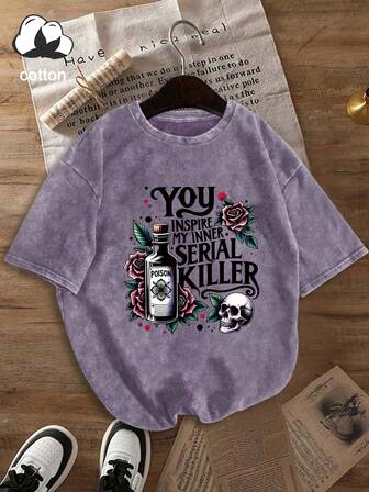 Plus Size Cotton Women's Summer T - Shirt - Poison Bottle, Rose & Skull Graphic,Casual Comfort Top For Daily Wear & Vacay Vibes,Short Sleeve Printed Regular Fashion Washed Tee