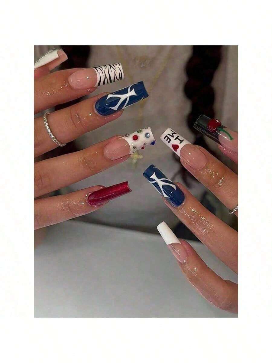 24 Pcs Of Long Square Press On Acrylic Nails In Summer Blue Nails Advanced HandPainted Contrast Color Sweet Cool Hot Girl Style White Black French Colorful Zebra Stripes Specially Designed Girls Birthday Party Portable Nails With Glue 1 Piece File Strip 1 - 彩色 - 查看 1