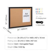 Pinnwand 407 x 559 mm oder 559 x 864 mm, Pinnwand mit Holzrahmen, Pinnwand, Korkwandpaneel – inklusive Befestigungsmaterial und Drucknägeln, Holzrahmen, geeignet für Wohnungen, Büros und ähnliche Räumlichkeiten. - 407 x 559 mm - Übersicht 7