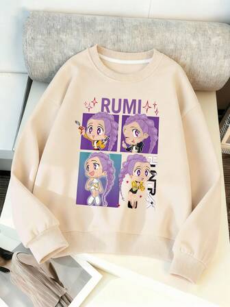 เสื้อกีฬาคอกลมพิมพ์ลายน่ารักสำหรับเด็กผู้หญิง สวมใส่สบาย และลำลอง เสื้อผ้าแฟชั่นฤดูใบไม้ร่วงและฤดูหนาว อเนกประสงค์ น่ารัก นุ่ม และซักเครื่องได้