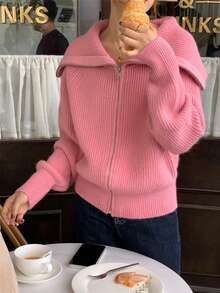 1pc Women Solid Color Faux Wool Ribbed Zip-Up Cardigan, Suitable For Home, Daily Wear, School, Holidays, Autumn - Watermelon Pink - View 2