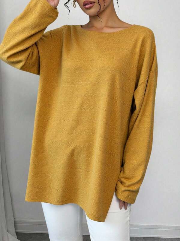 WOMEN MUSTARD YELLOW LONG SLEEVE SMALL YARN DETAILED SIDE SLITS NORMAL SIZE ELEGANT CUTE CHRISTMAS BLOUSE