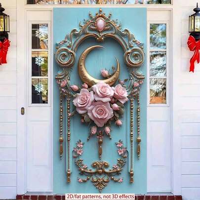 2D Flat Elegant Ramadan Mubarak Background - Polyester Festive Decoration With Crescent Moon, Golden Lantern And Floral Design For Home, Office And Outdoor Celebrations