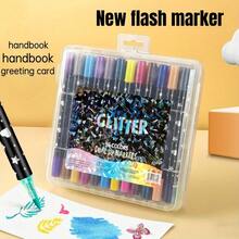 Set da 12/24/36/48 gessetti glitterati a doppia testina e doppio colore, marcatori fluorescenti, set di pennelli ad acquerello, versione standard, penne ad acquerello, set di pennarelli acrilici, regalo ideale per Natale, Capodanno e San Valentino, apri una nuova esperienza di creazione artistica luminosa - Multicolore - Visualizzare 2