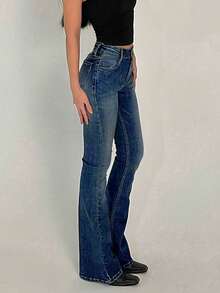 女式复古做旧弹力紧身喇叭牛仔裤