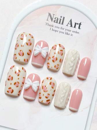 10片/套 手工亚克力美甲贴片，中号方形美甲，毛衣美甲，粉色美甲，短款美甲，裸色豹纹美甲，蝴蝶结装饰，法式美甲，适合秋冬季美甲，可拆卸假指甲，美甲用品，美甲艺术，适合派对、舞蹈、日常佩戴、学生聚会，按压式可重复使用，附赠果冻胶和指甲锉，DIY美甲用品