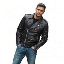 Mens Casual Faux Leather Motocycle Biker Jacket Zip Up Outwear Black Coat With Pockets And Belt - màu đen - Xem 1