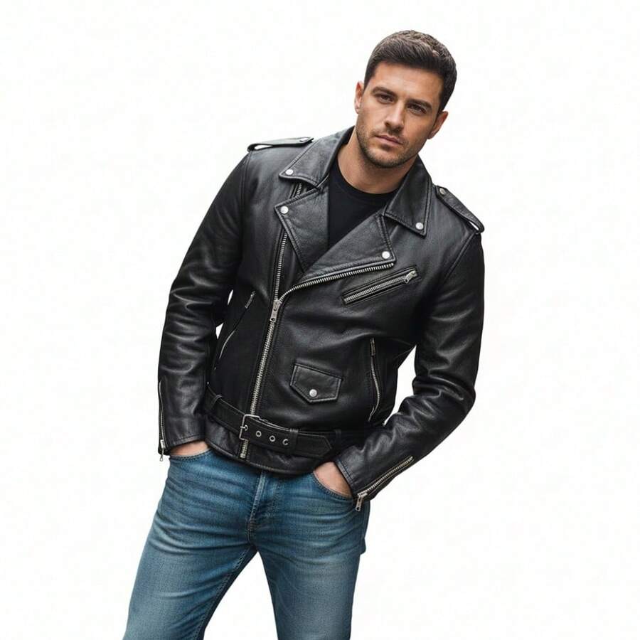 Mens Casual Faux Leather Motocycle Biker Jacket Zip Up Outwear Black Coat With Pockets And Belt - màu đen - Xem 1