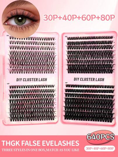 640pcs Lashes, 30D+40D+60D+80D Curl, 9-16mm Length, DIY Natural Look, Super Dense, Smart, Ultra Soft, Lightweight, Reusable Individual Lash Extension Kit, Suitable For Beginners, Daily Wear, Wedding, Date, Party, Stage, Travel, Mother's Day, Easter And More