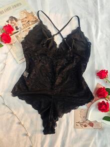 1pc Plus Size Women Lace Deep V Hollow Sexy Lingerie Jumpsuit