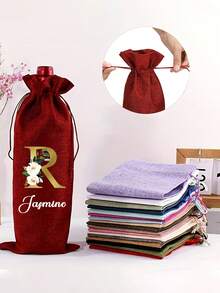 Personalized Linen Wine Bottle Storage Drawstring Bag, Floral Alphabet A-Z Printed On Linen Fabric, Thick Burlap Material, Linen Gift Bag With Drawstring Closure, Reusable And Durable, Suitable For Wine Bottle Storage, Home Organization, Gift Packaging For Parties, Weddings, Holidays And Christmas, Also Ideal As New Year Gift - Multicolor - View 3