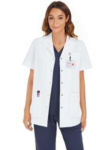 cimmuovere Women's Short Sleeve Lapel Open Front Scrubs Coat, Nurse Scrubs Workwear For Dentist, Healthcare, Pet Hospital, Laboratory
