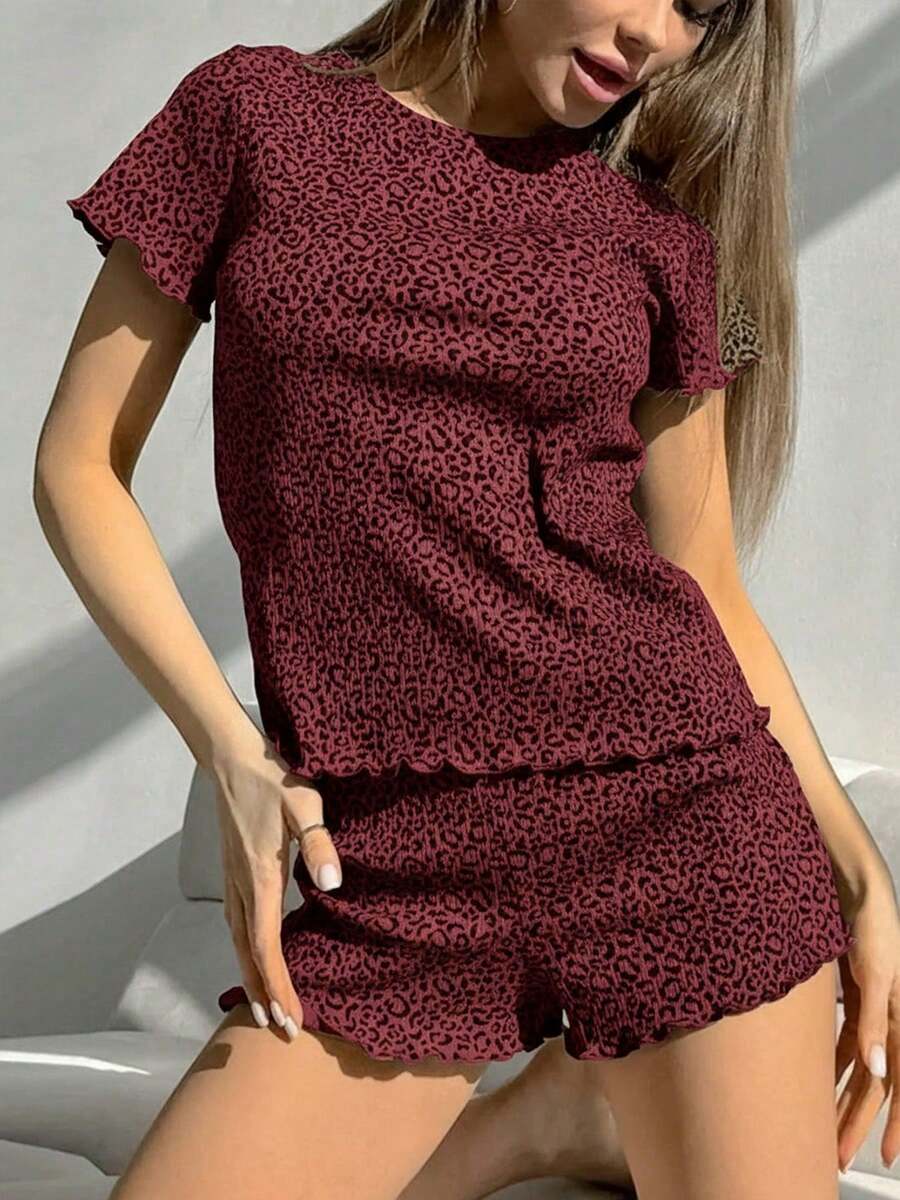 女士豹纹罗纹短袖短裤两件套睡衣，休闲简约圆领夏季家居服 - 酒紅色 - 查看 1