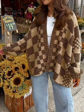 2025 Ny vintage stickad rutig långärmad kofta, avslappnad modetröja