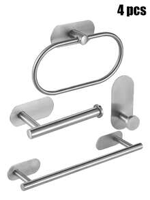 4pcs/set Estantes adhesivos para toallas para pared de baño, soporte para toallas para cocina, baño y lavandería de acero inoxidable, anillo para toallas de mano, soporte para paños de cocina sin taladrar, colgadores de toallas de gran resistencia, barra para toallas de mano/rostro, ganchos - Plateado - Ver 13
