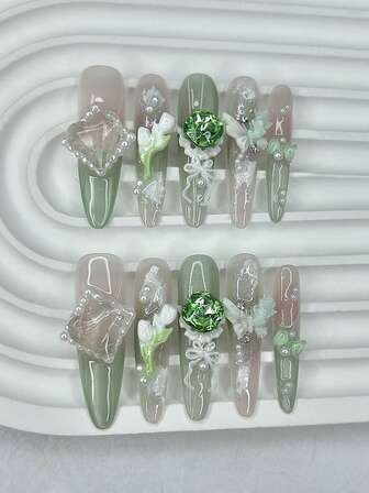 10PCS Elegant Luxury Emerald Green French Handmade Press On Nails 3D Diamond Butterfly Flower Pearl Fake Nails Cat Eye Almond Nail Art Nail Supplies(1 Sheets Jelly Stickers+1PC Nail File)