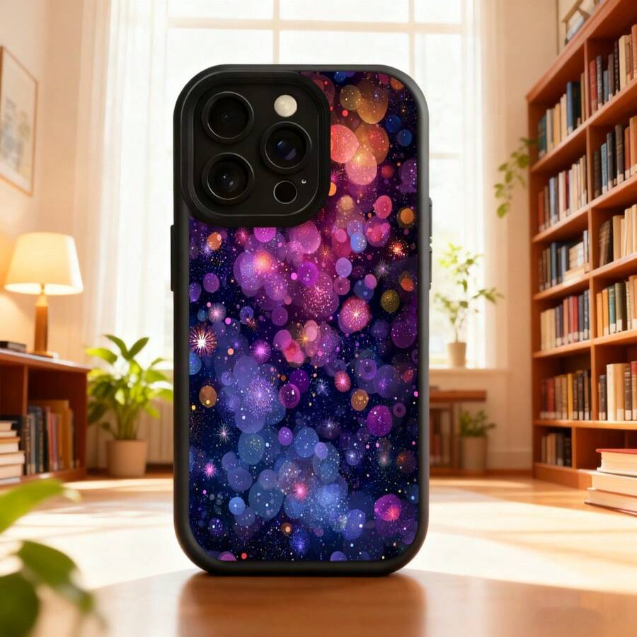 Cubierta de telefono para iPhone con borde negro y diseño de galaxia estrellada en tonos púrpura azul y rosa ideal para uso diario en casa biblioteca o oficinaAplicable a teléfonos Apple y Galaxy. - Blanco - Ver 1