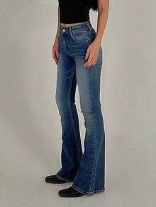 女式复古做旧弹力紧身喇叭牛仔裤