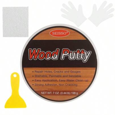 SEISSO All-In-One Wood Filler Kit For Invisible Repair | 198g Quick-Dry, Stainable Putty With Tools | Permanent Fix For Holes, Cracks In Furniture, Floor, Timber