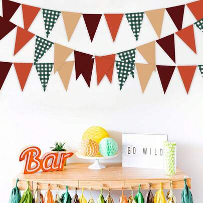 12 brązowych, trójkątnych banerów flagowych w kratkę – ciepłe, brązowo-beżowe, trójkątne dekoracje flagowe – lekki materiał papierowy, odpowiedni na jesienne Święto Dziękczynienia, wesele, dekoracje urodzinowe/banery wiszące na zewnątrz